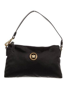 New Versace Black Nylon Shoulder Bag with Gold Medusa Accent